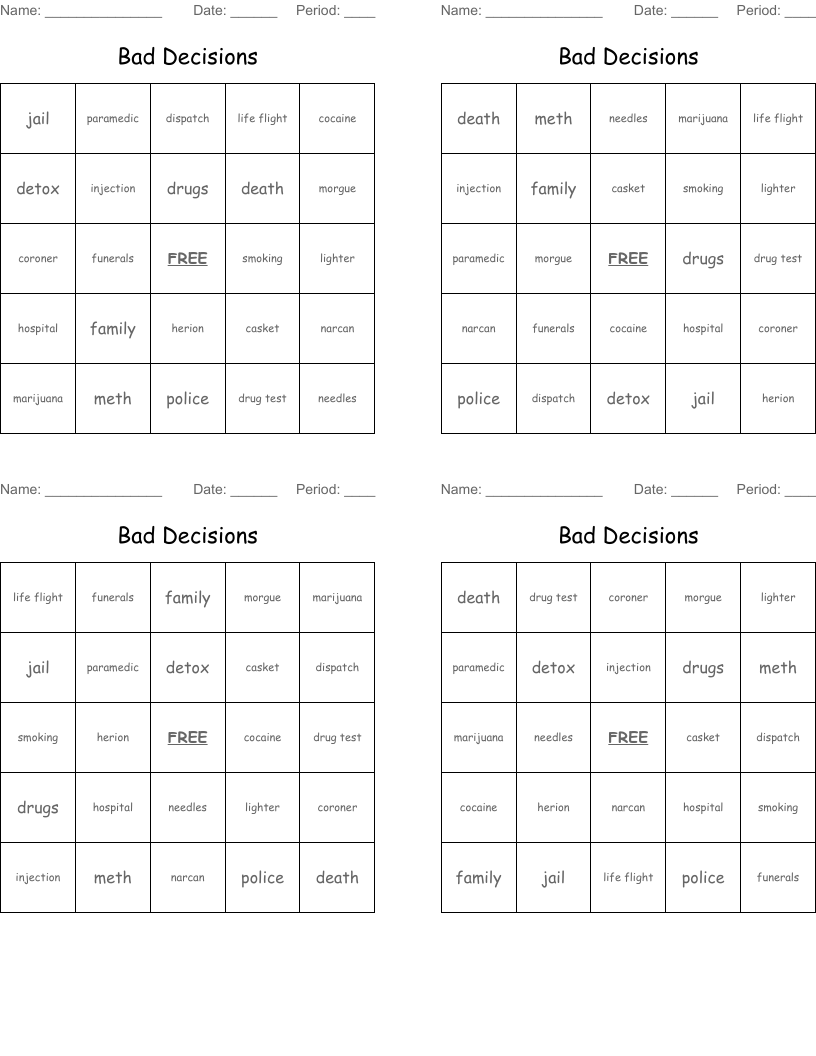 Bad Decisions  Bingo Cards