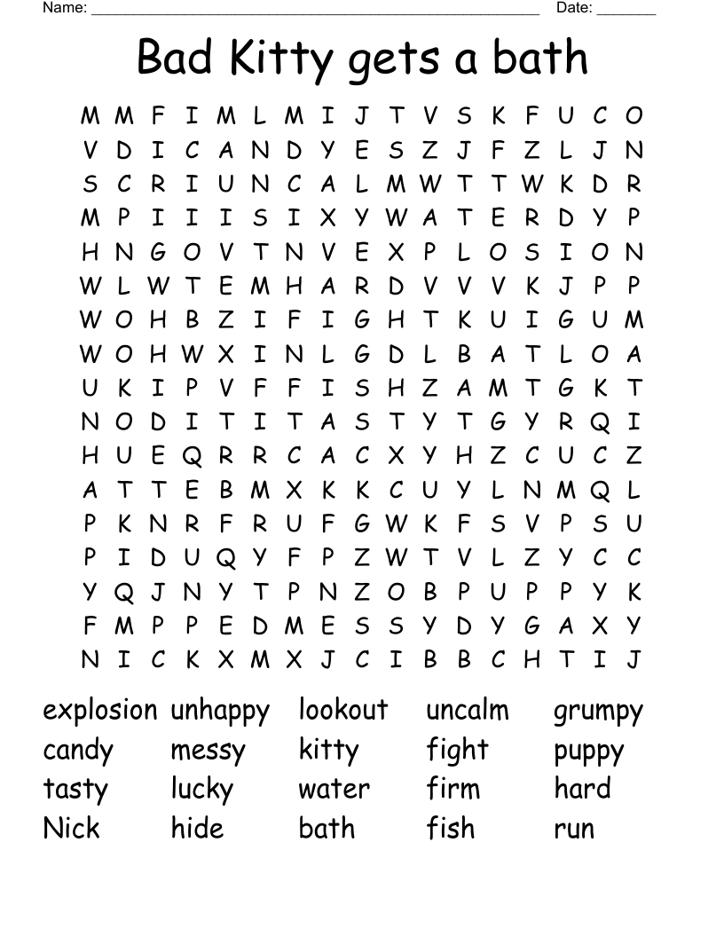 Bad Kitty gets a bath Word Search