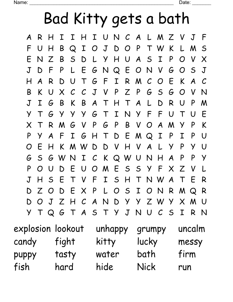 Bad Kitty gets a bath Word Search