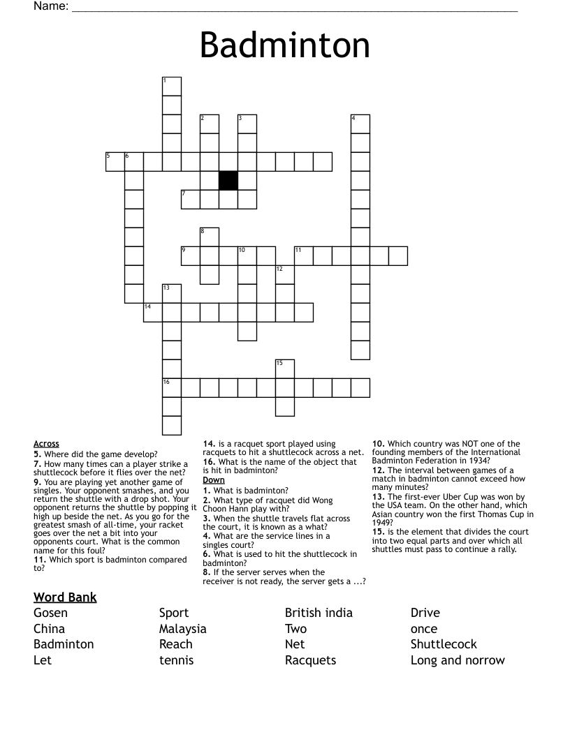 Badminton Crossword