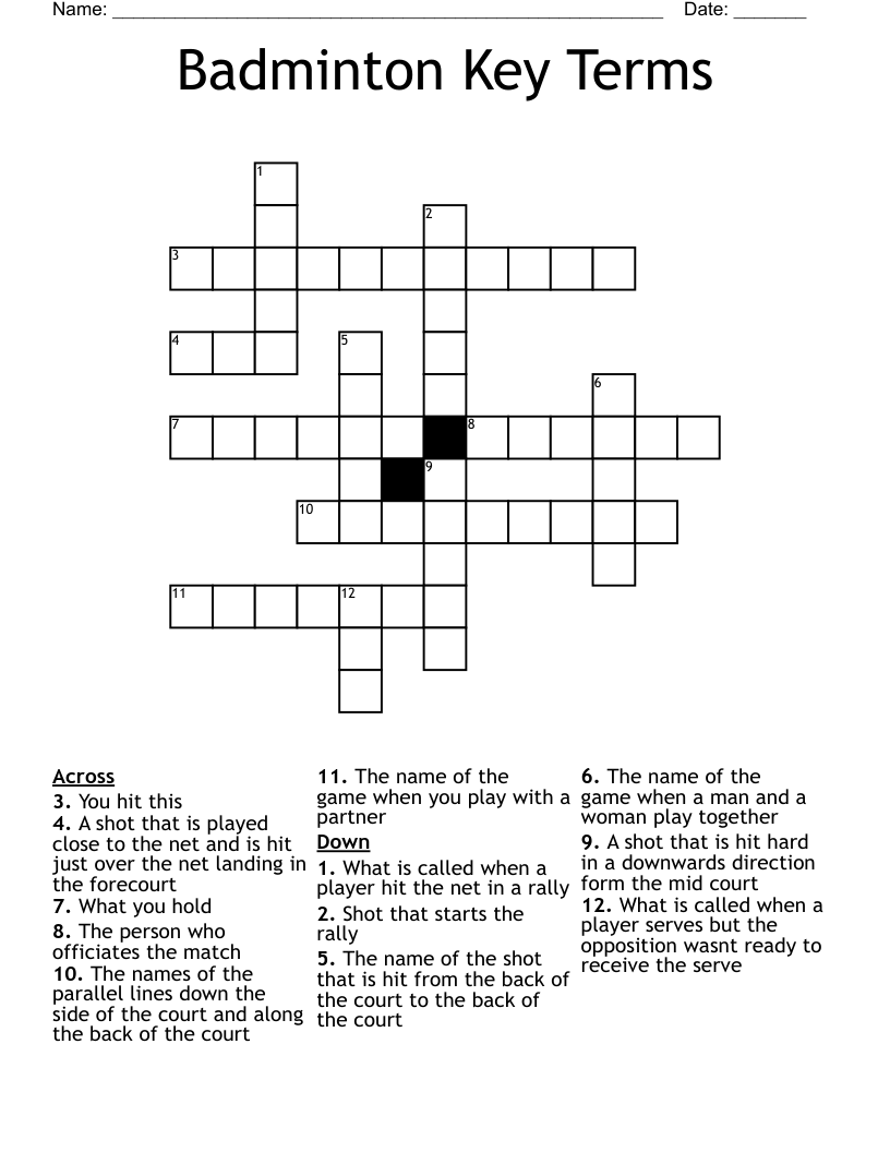 Badminton Key Terms Crossword