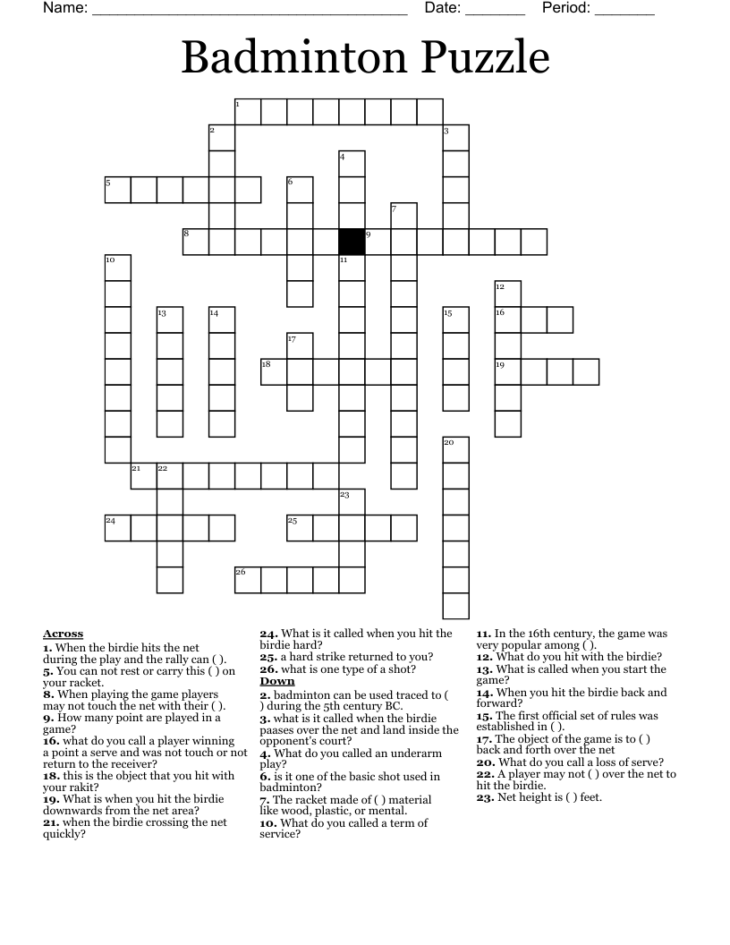 Badminton Puzzle Crossword