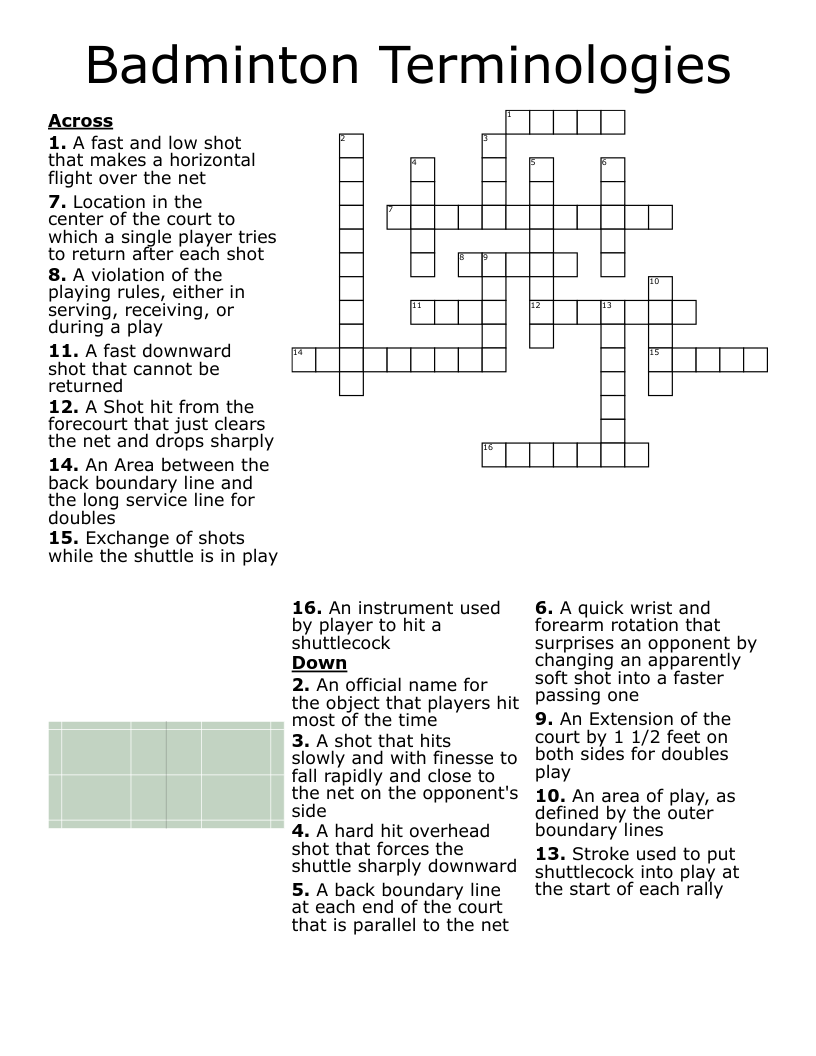 Badminton Terminologies Crossword