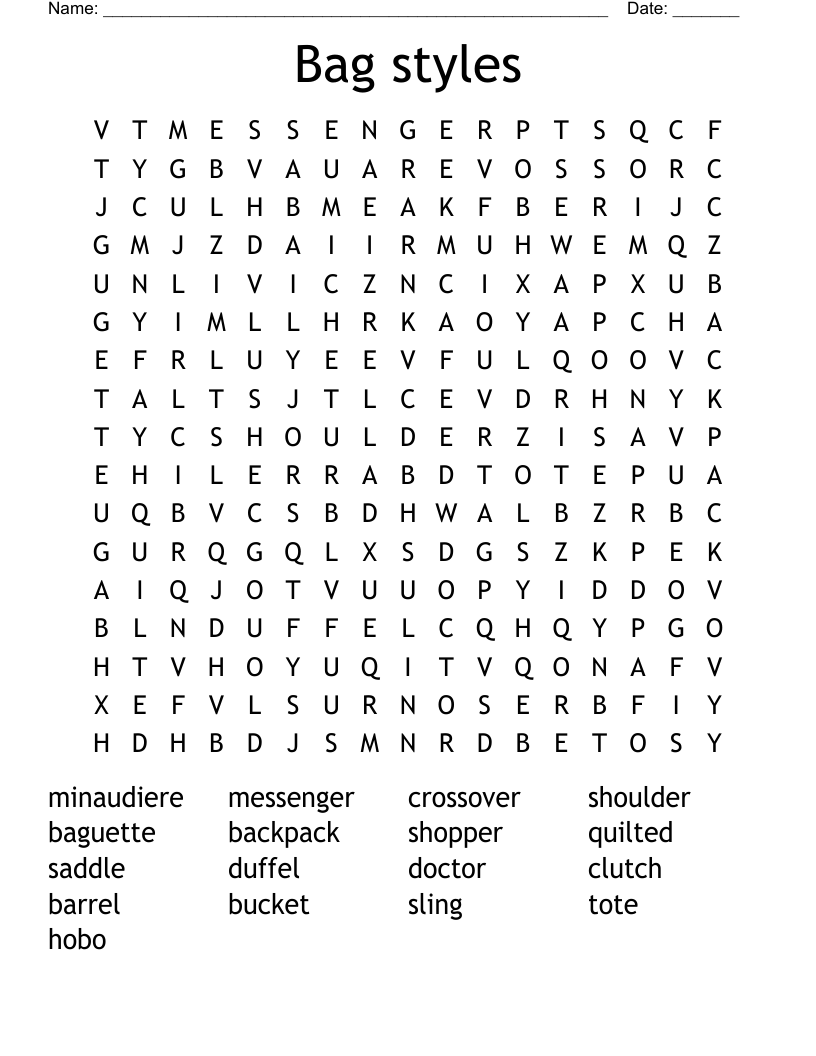Bag styles Word Search