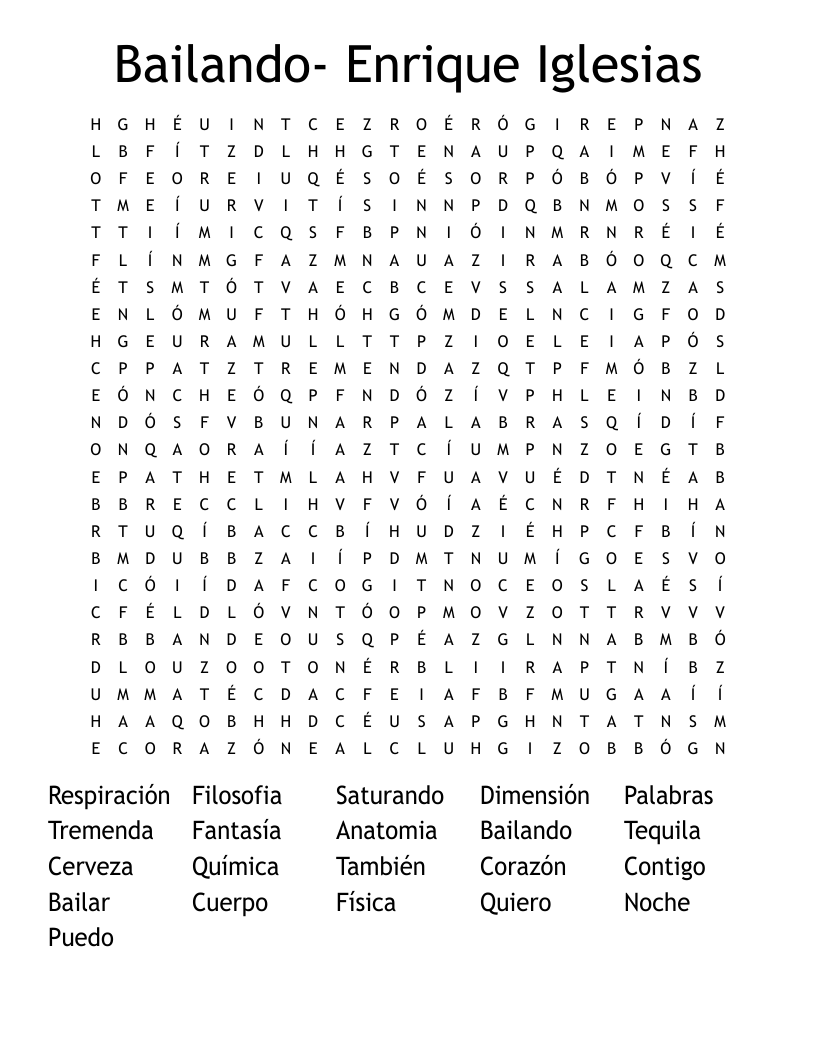 Bailando- Enrique Iglesias Word Search