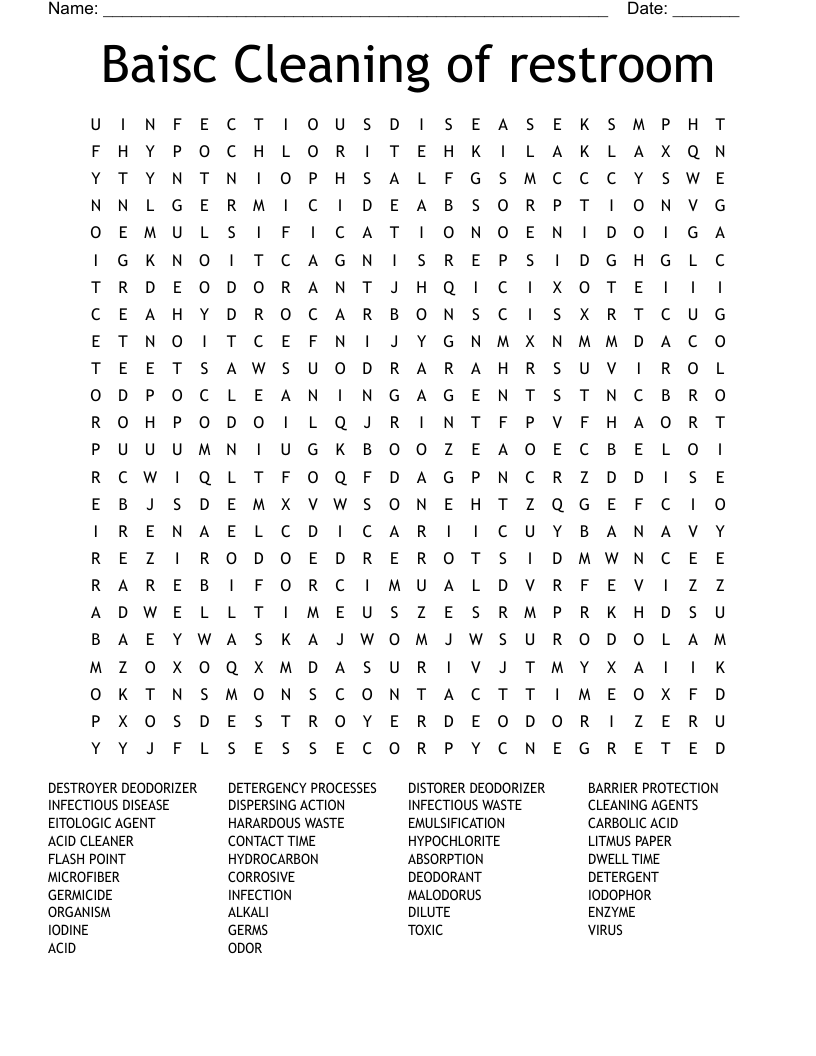 Baisc Cleaning of restroom Word Search