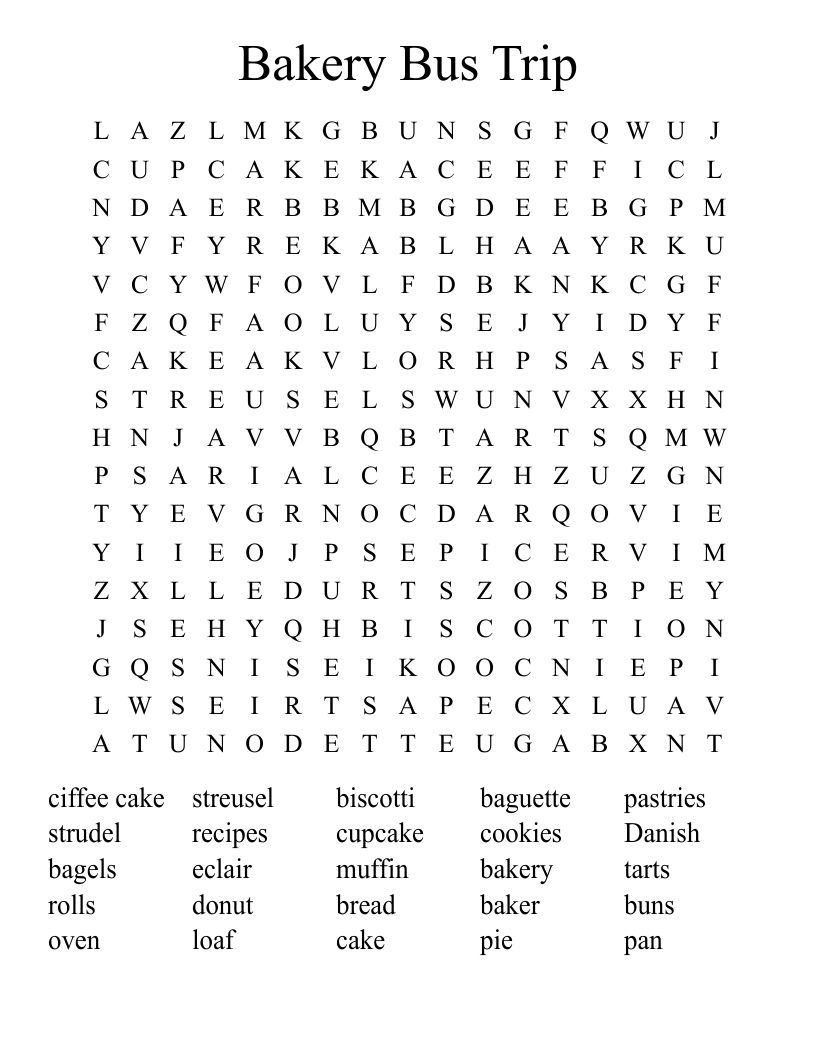 Bakery Bus Trip Word Search