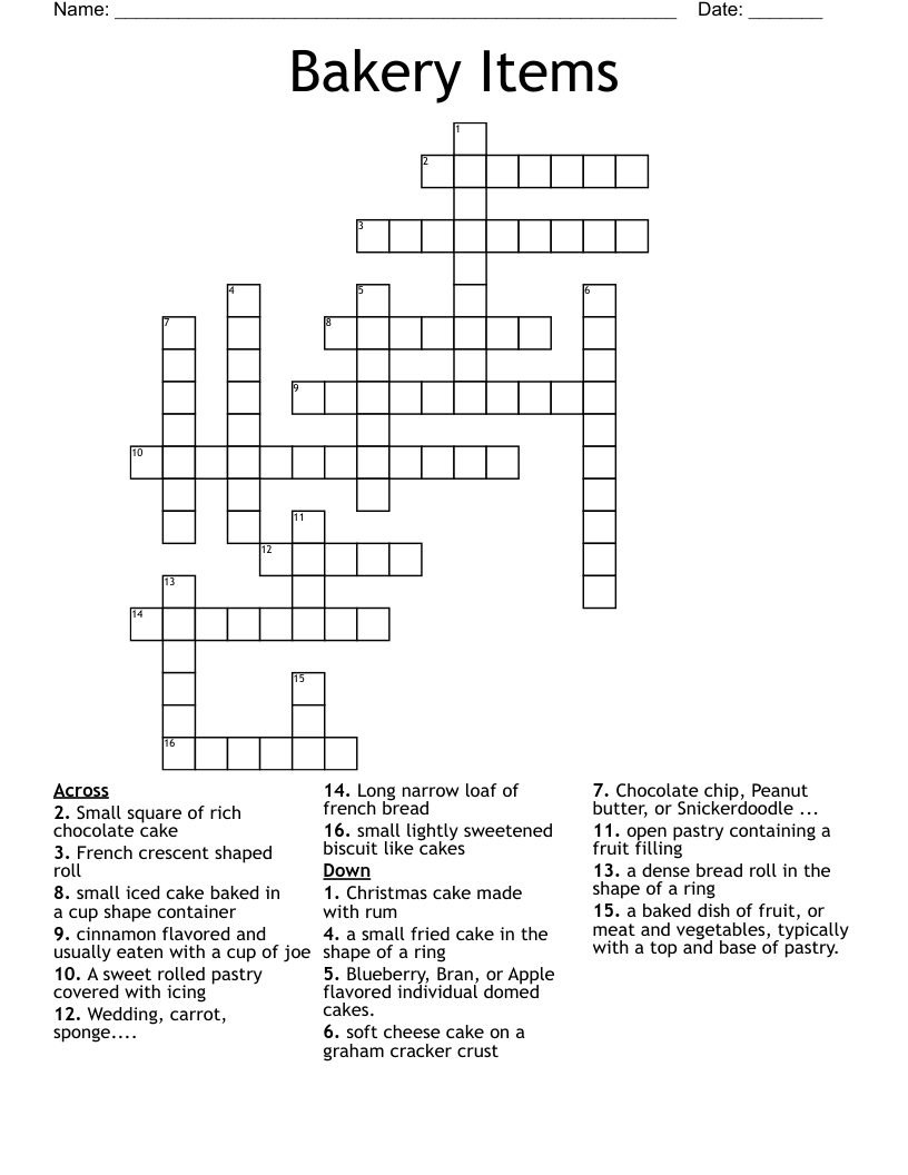 Bakery Items Crossword