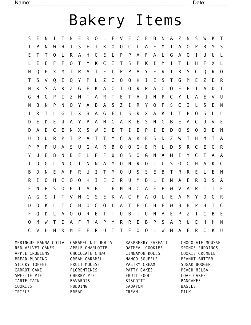 Bakery Items Word Search