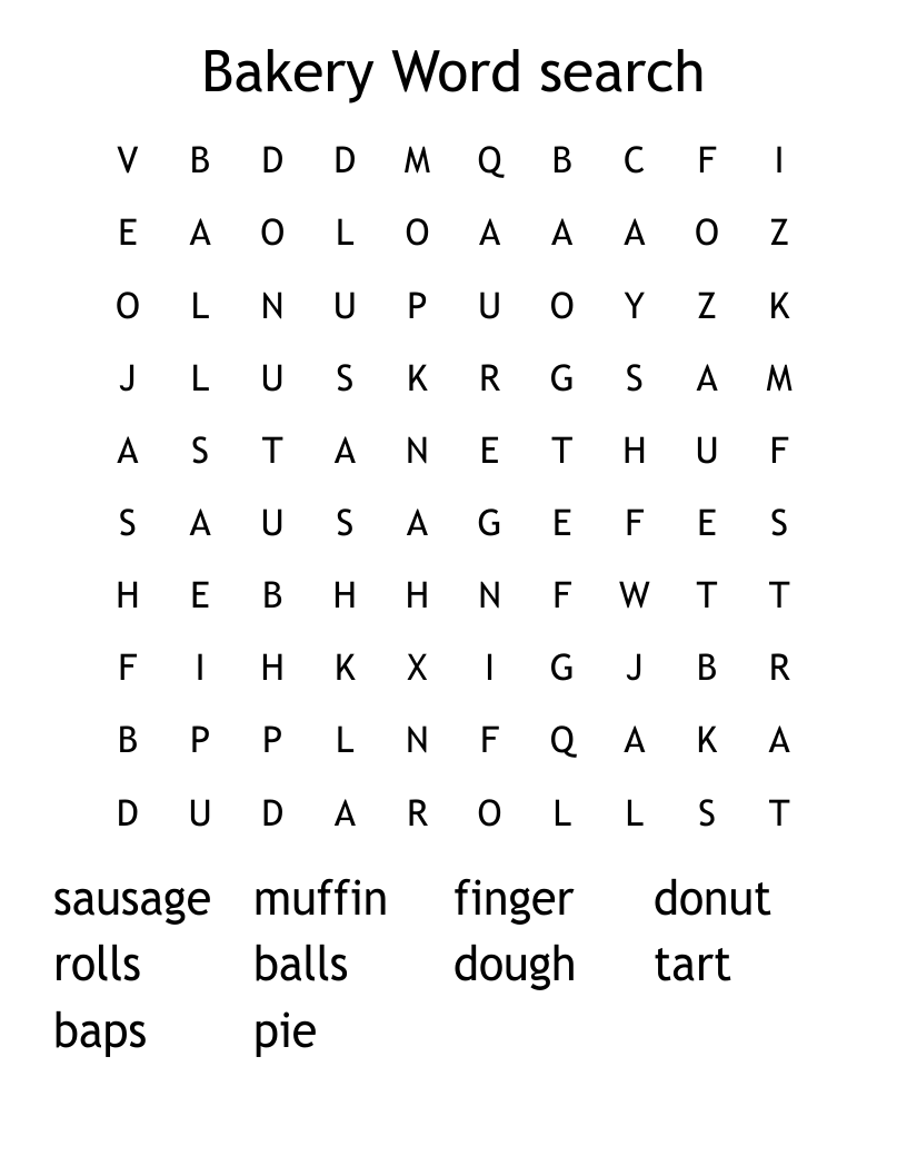 Bakery Word search 