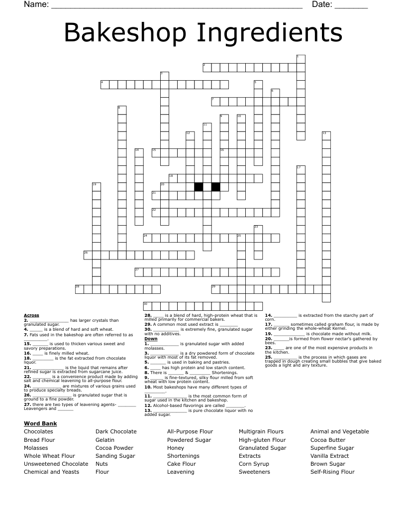 Bakeshop Ingredients  Crossword