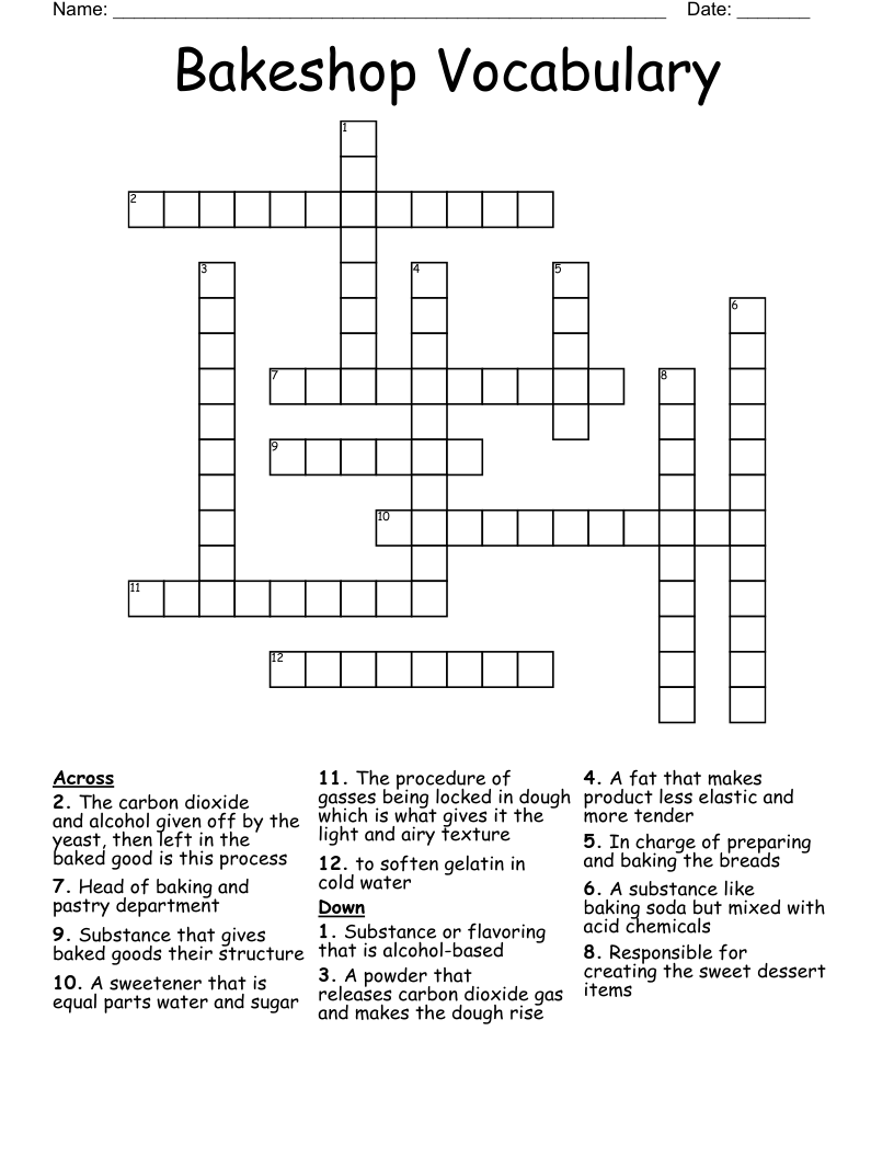 Bakeshop Vocabulary Crossword