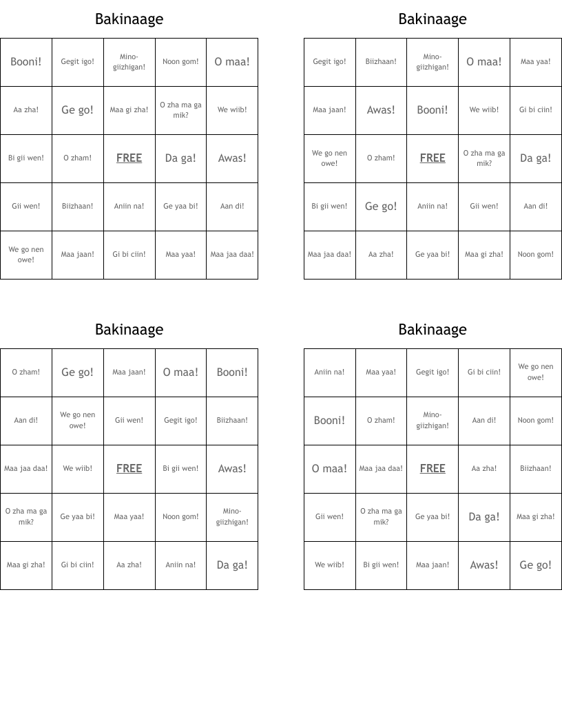 Bakinaage  Bingo Cards