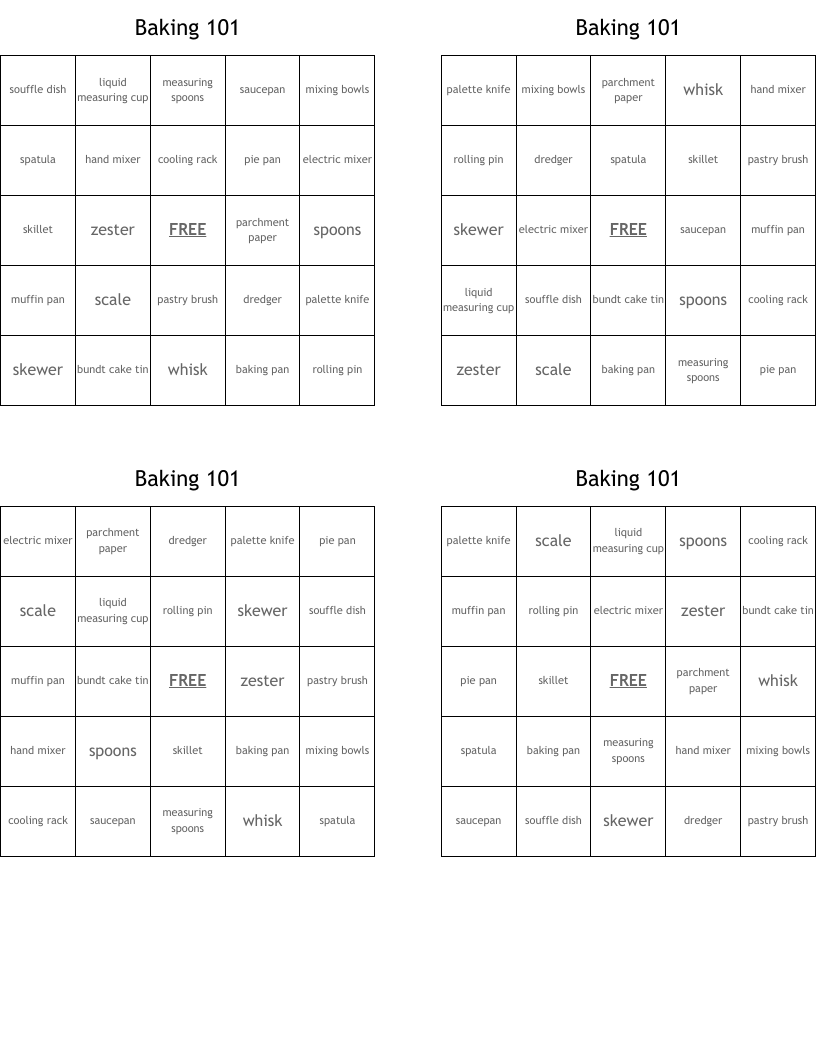 Baking 101 Bingo Cards