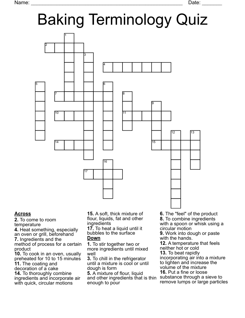 Baking Terminology Quiz Crossword