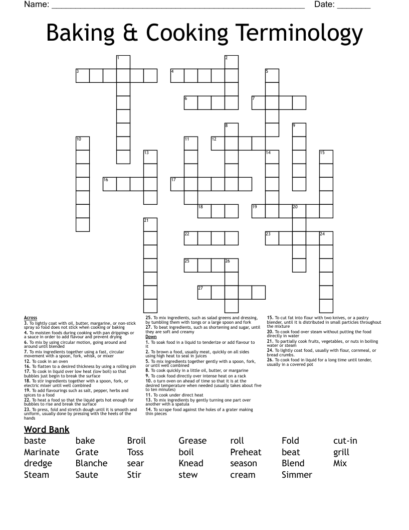 Baking & Cooking Terminology  Crossword