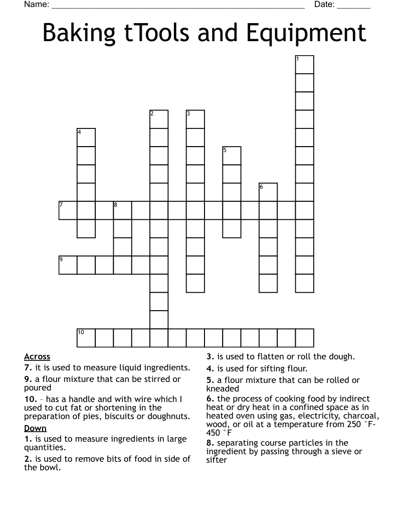 Baking tTools and Equipment Crossword
