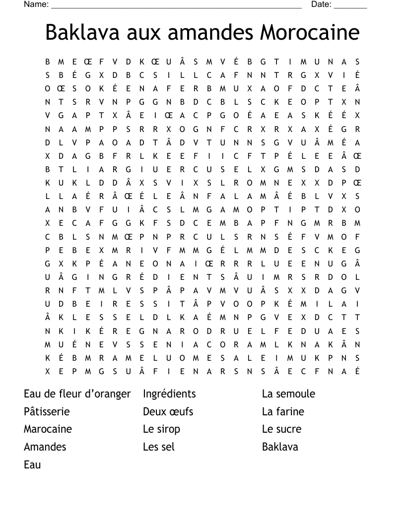 Baklava aux amandes Morocaine  Word Search