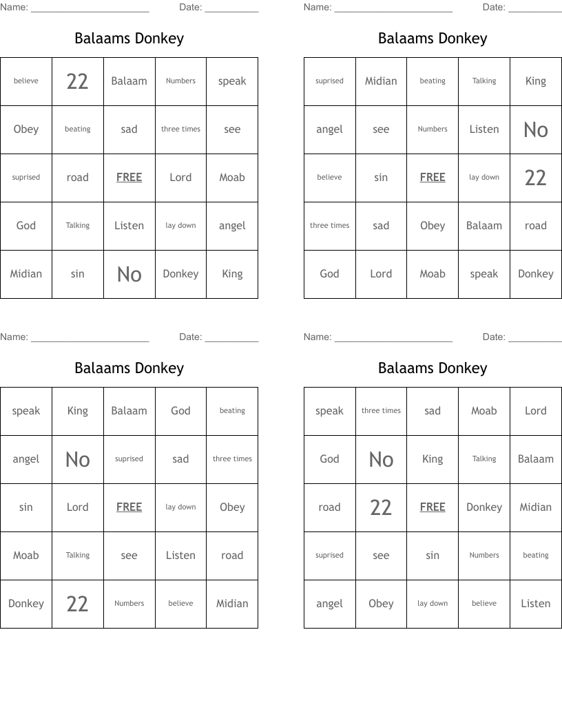 Balaams Donkey Bingo Cards
