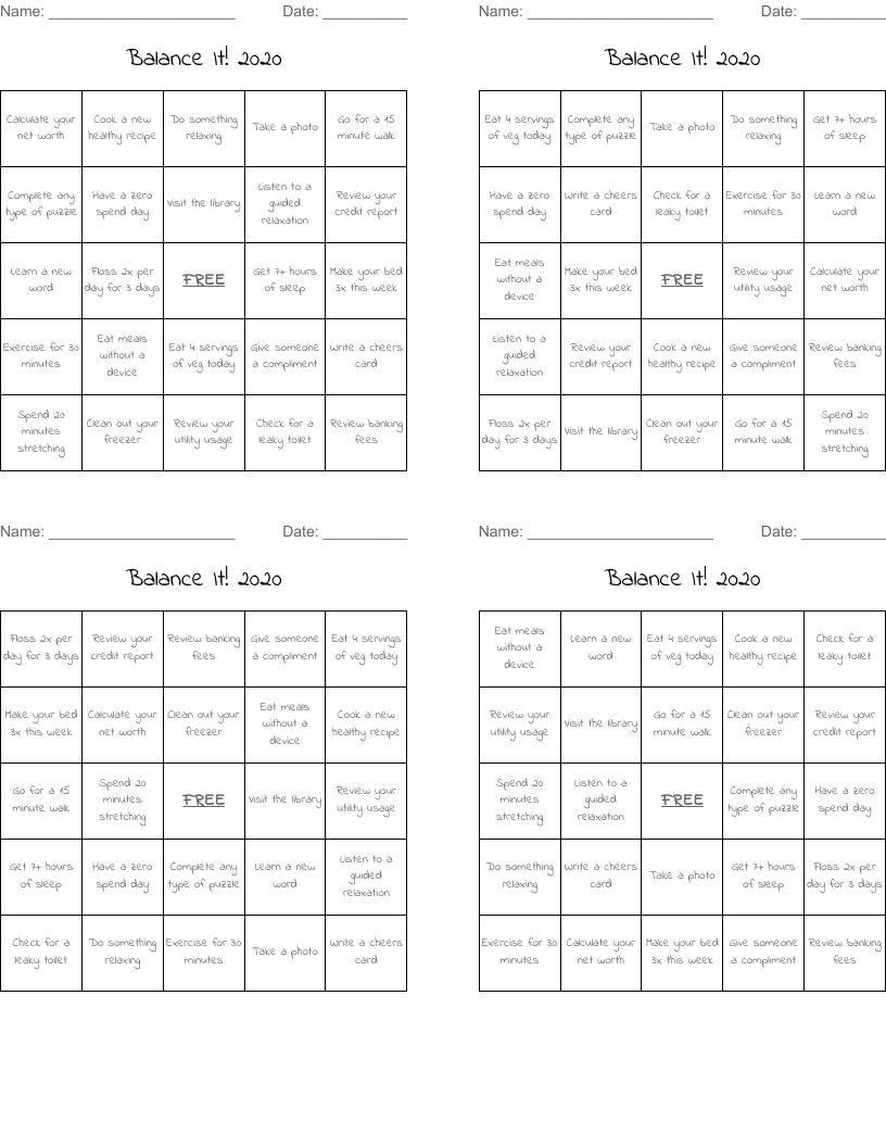 Balance It! 2020 Bingo Cards