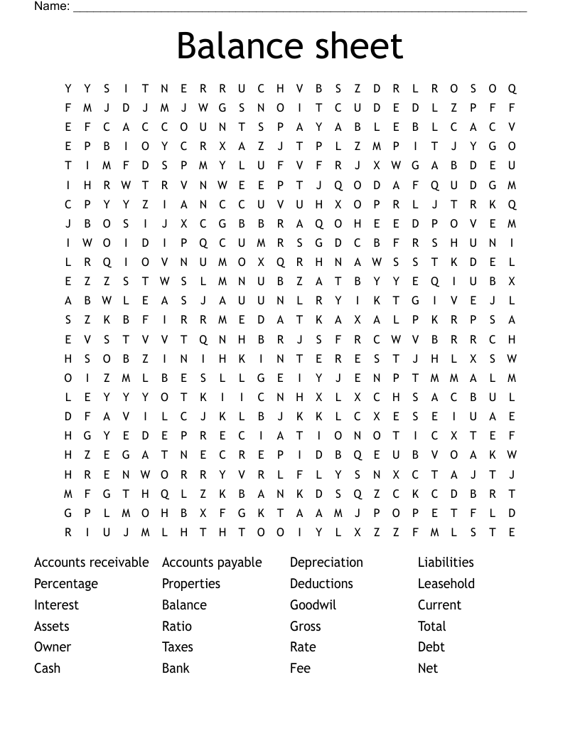 Balance sheet Word Search