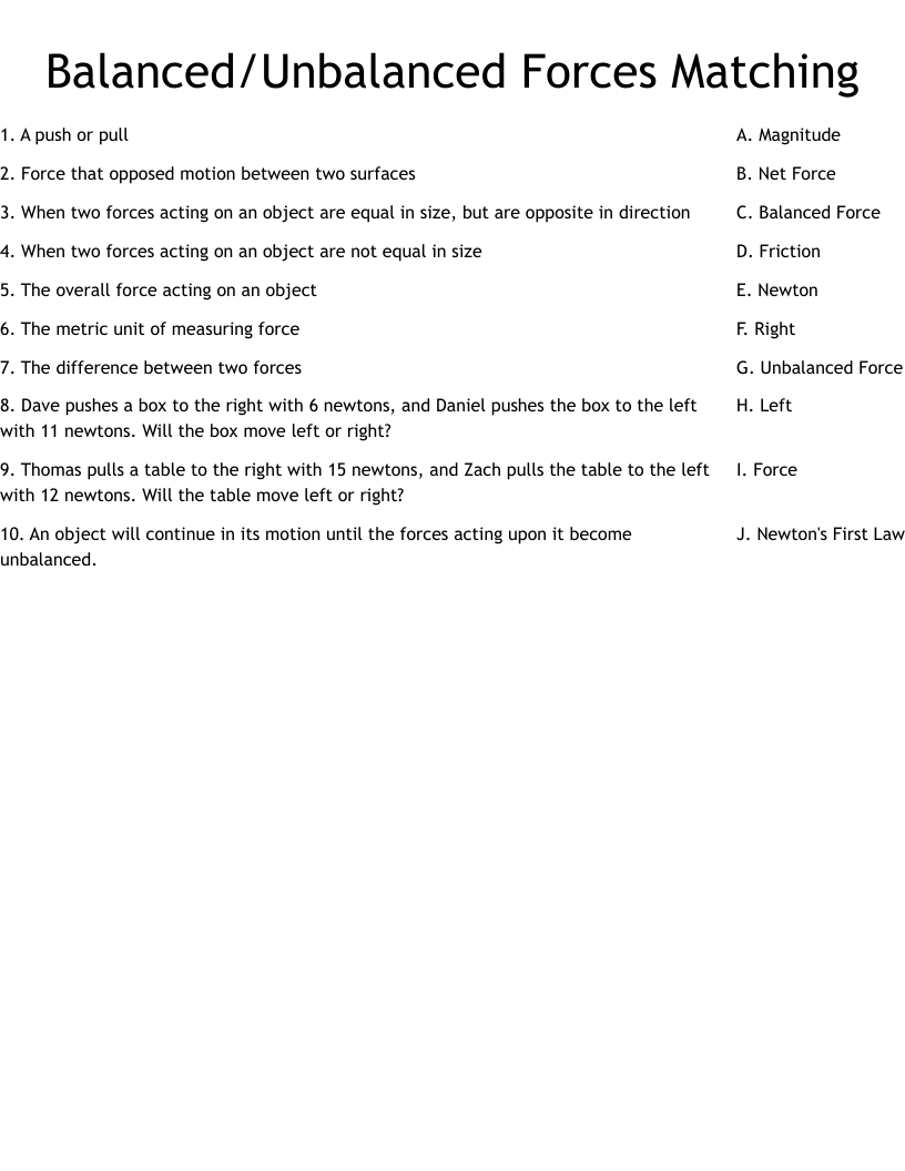 Balanced/Unbalanced Forces Matching Worksheet
