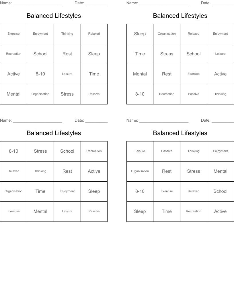 Balanced Lifestyles Bingo Cards