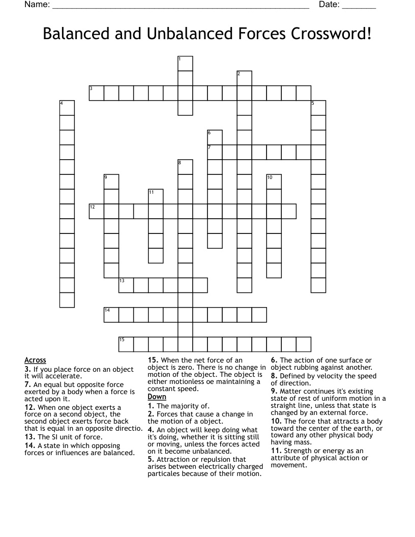 Balanced and Unbalanced Forces Crossword!