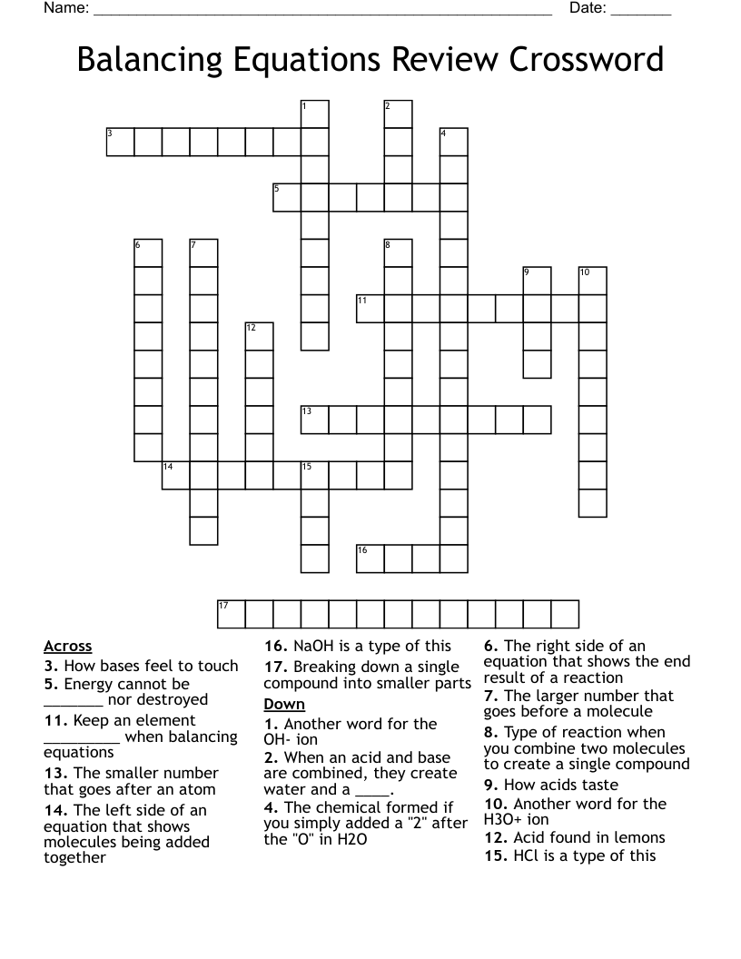 Balancing Equations Review Crossword