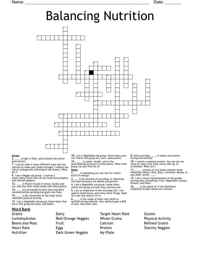 Balancing Nutrition Crossword