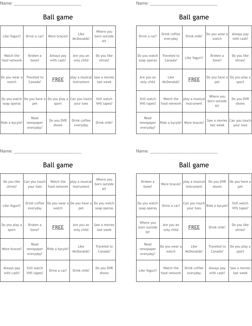 Ball game Bingo Cards