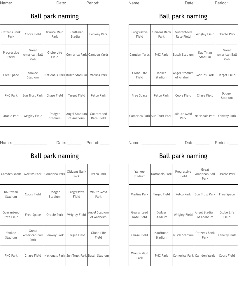 Ball park naming Bingo Cards