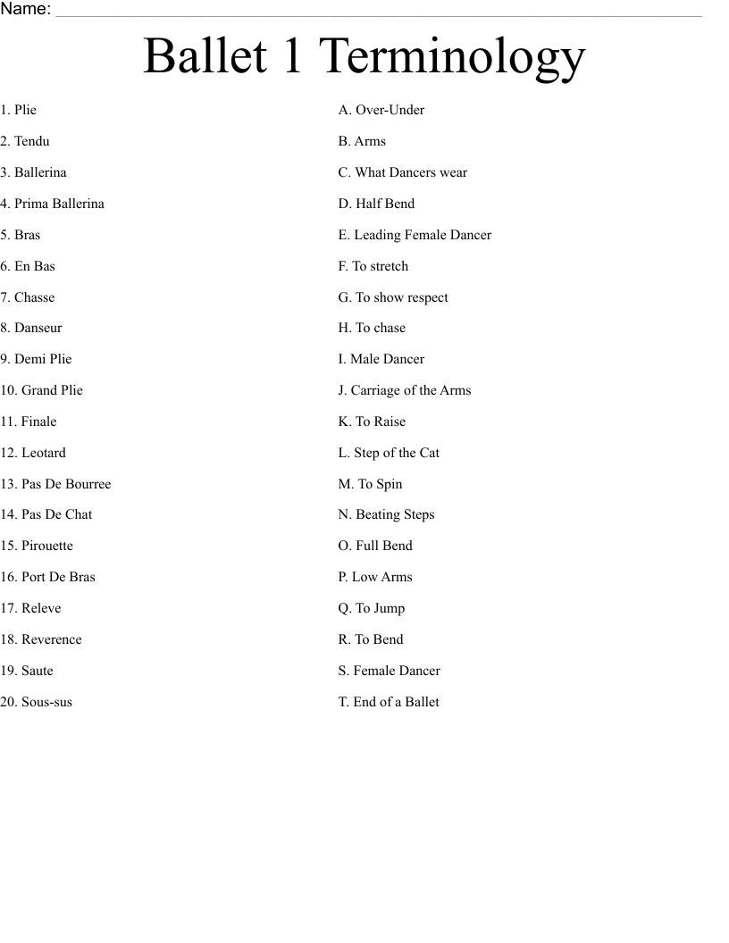 Ballet 1 Terminology Worksheet