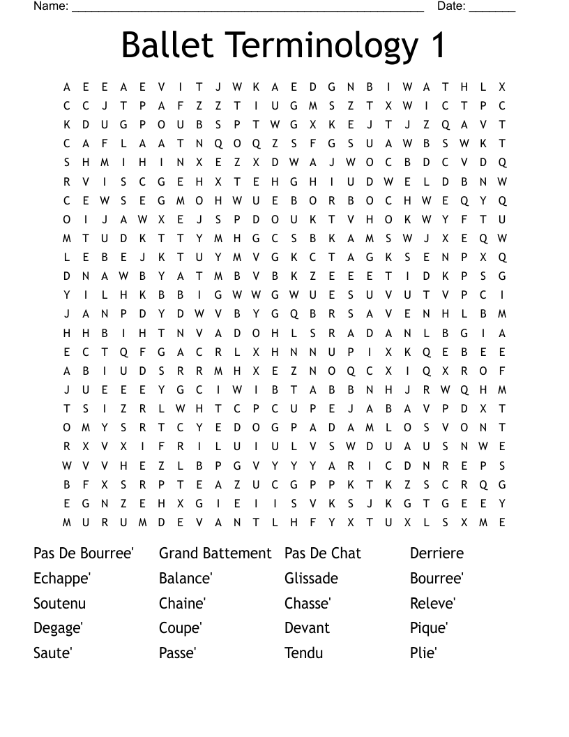 Ballet Terminology 1 Word Search