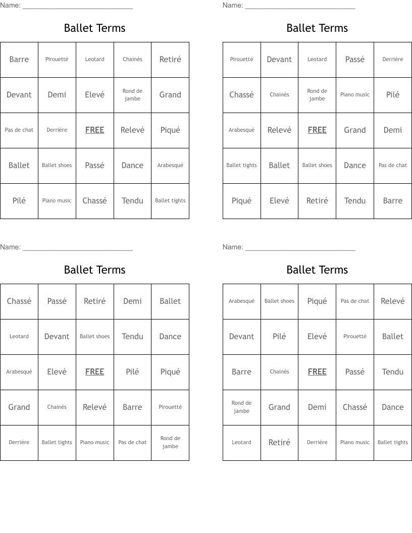 Ballet Terms Bingo Cards