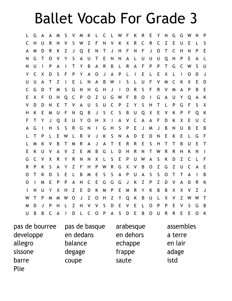 Ballet Vocab For Grade 3 Word Search