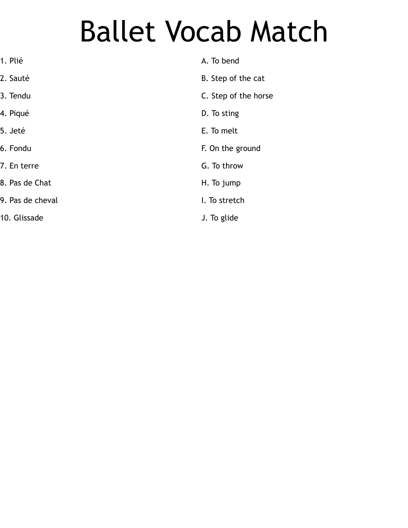 Ballet Vocab Match Worksheet