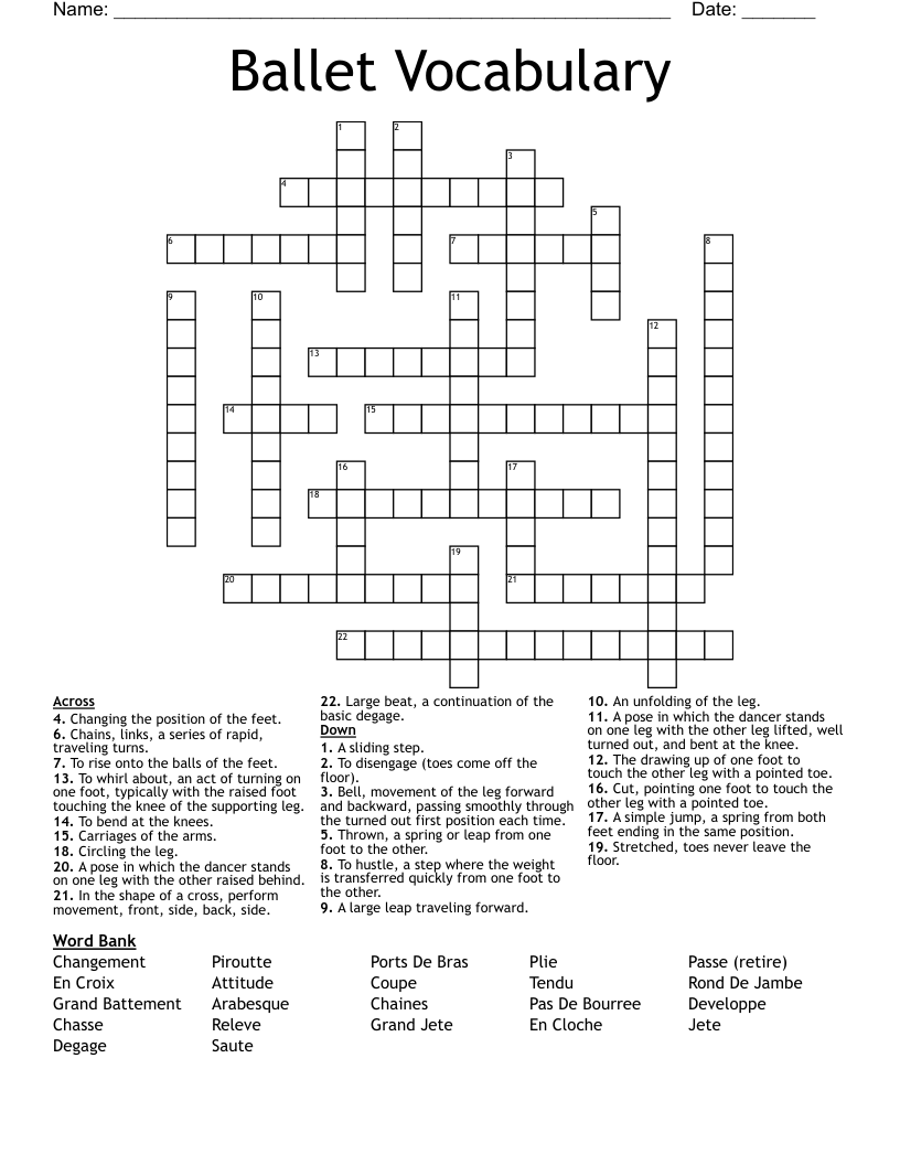 Ballet Vocabulary Crossword