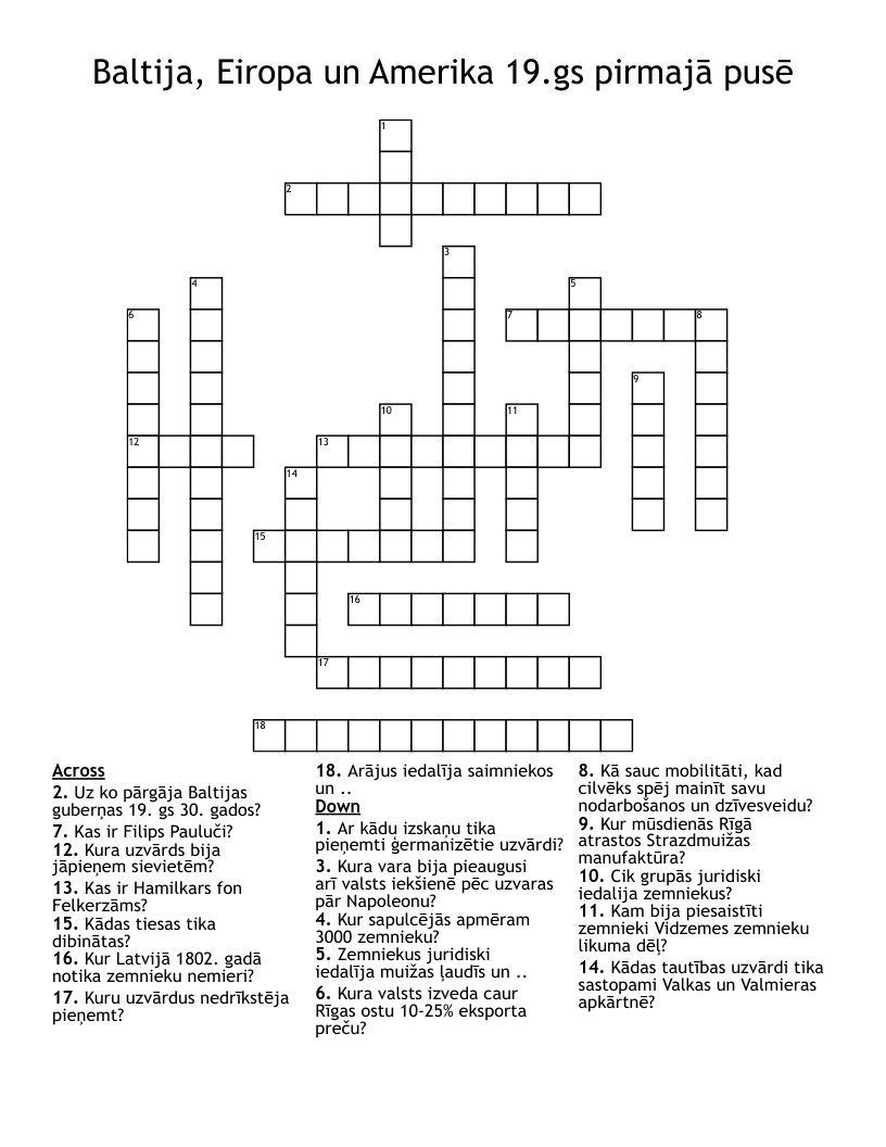 Baltija, Eiropa un Amerika 19.gs pirmajā pusē Crossword