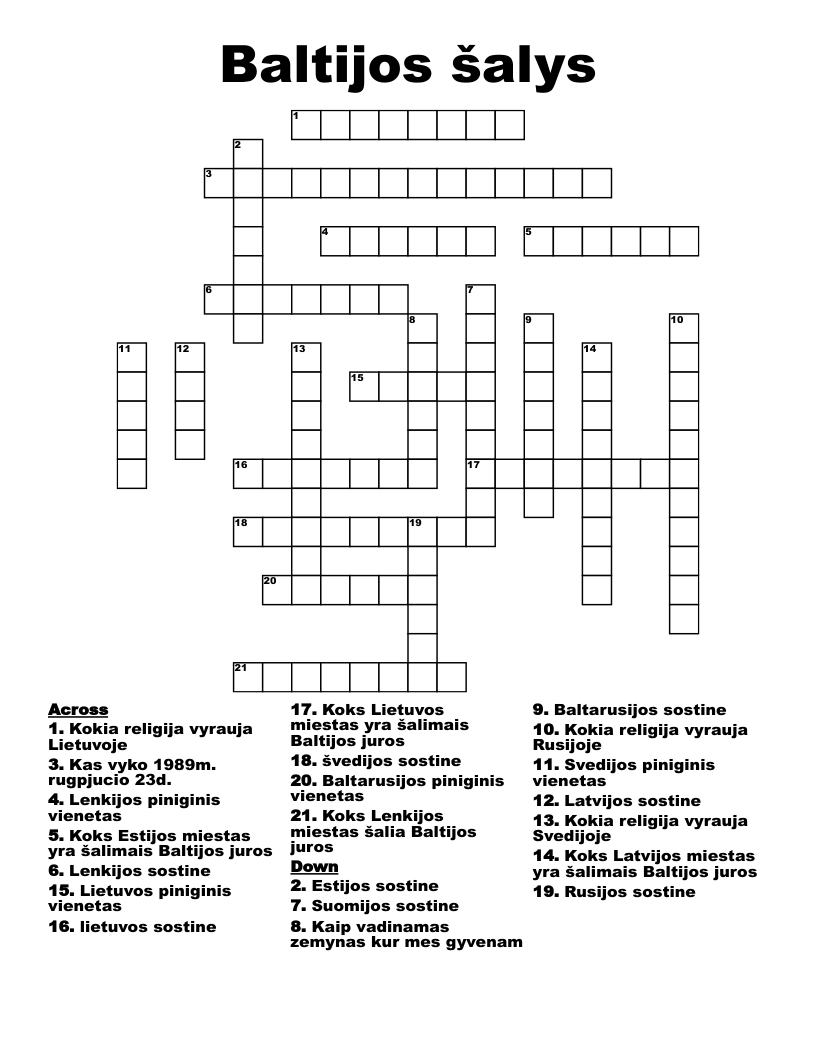 Baltijos šalys Crossword