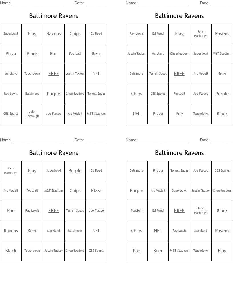 Baltimore Ravens  Bingo Cards