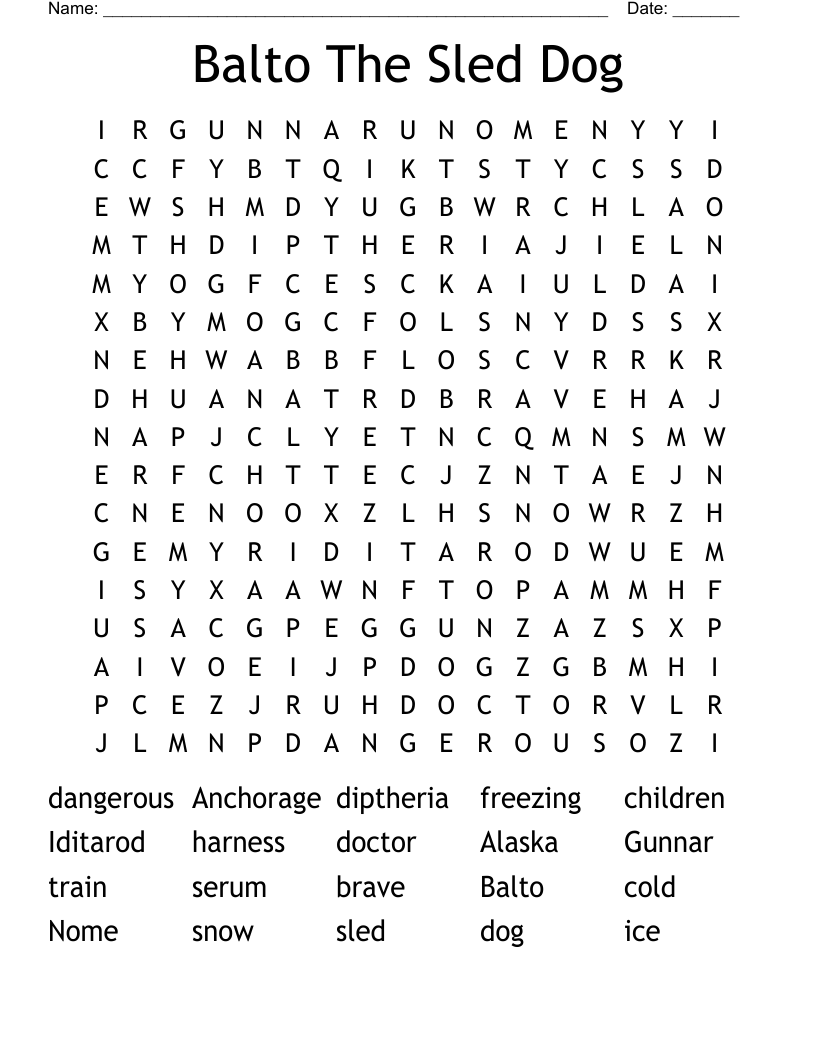 Balto The Sled Dog Word Search