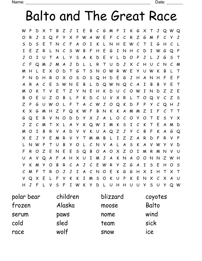 Balto and The Great Race Word Search