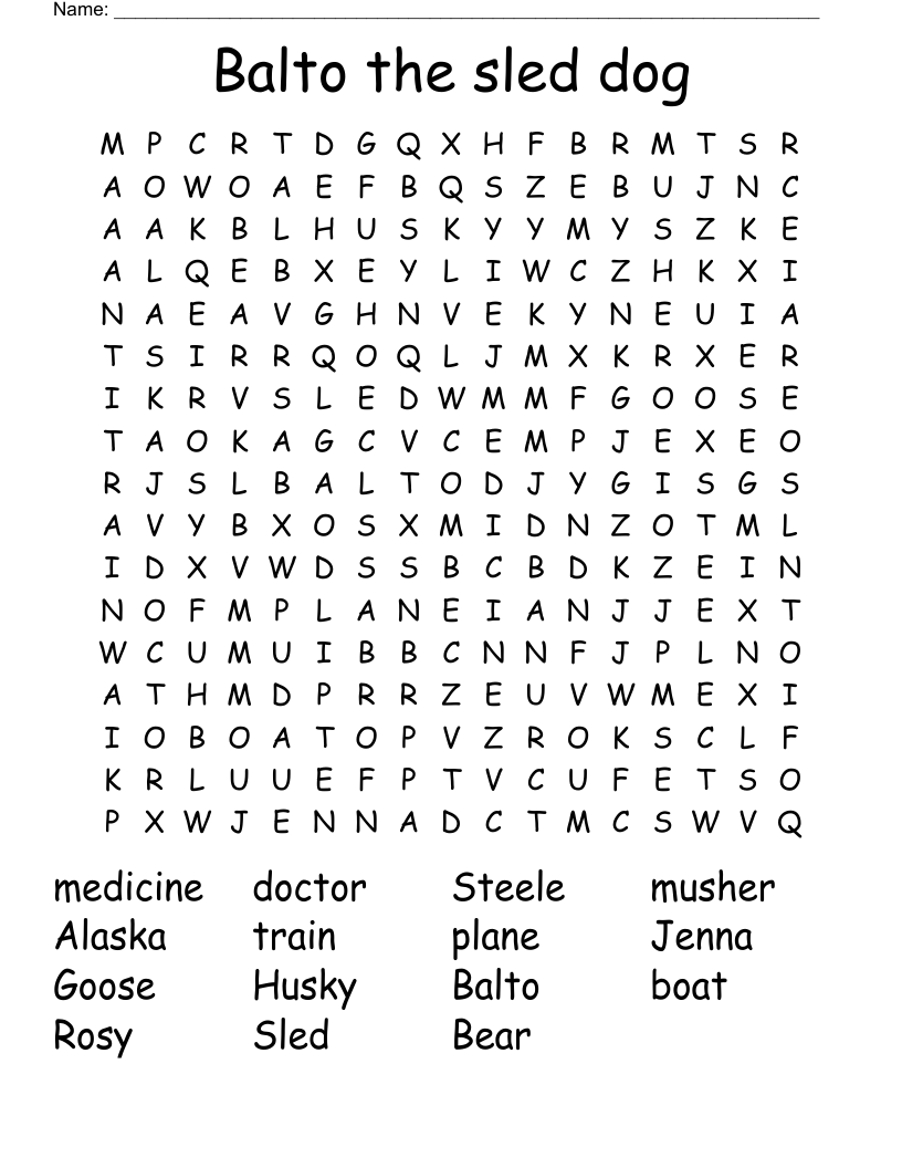 Balto the sled dog Word Search