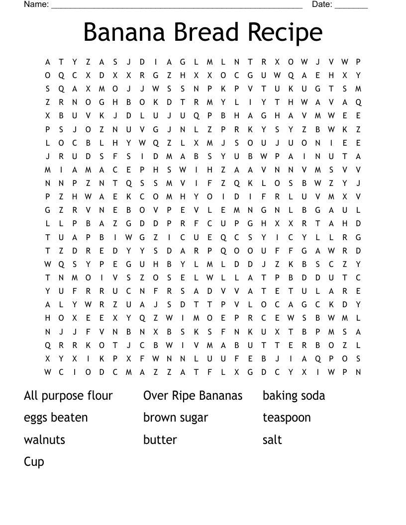 Banana Bread Recipe Word Search