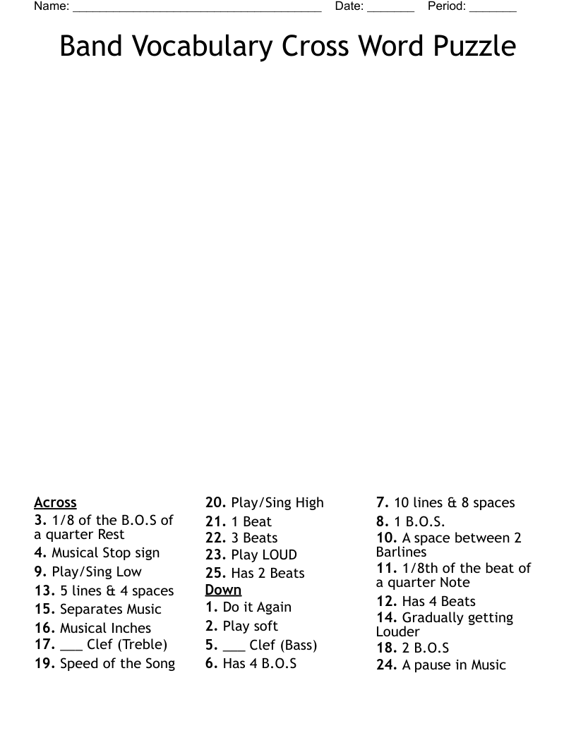 Band Vocabulary Cross Word Puzzle