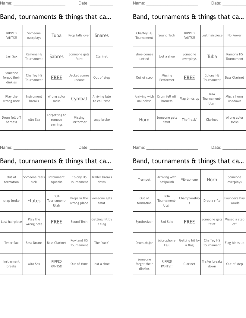 Band, tournaments & things that can go wrong Bingo Cards