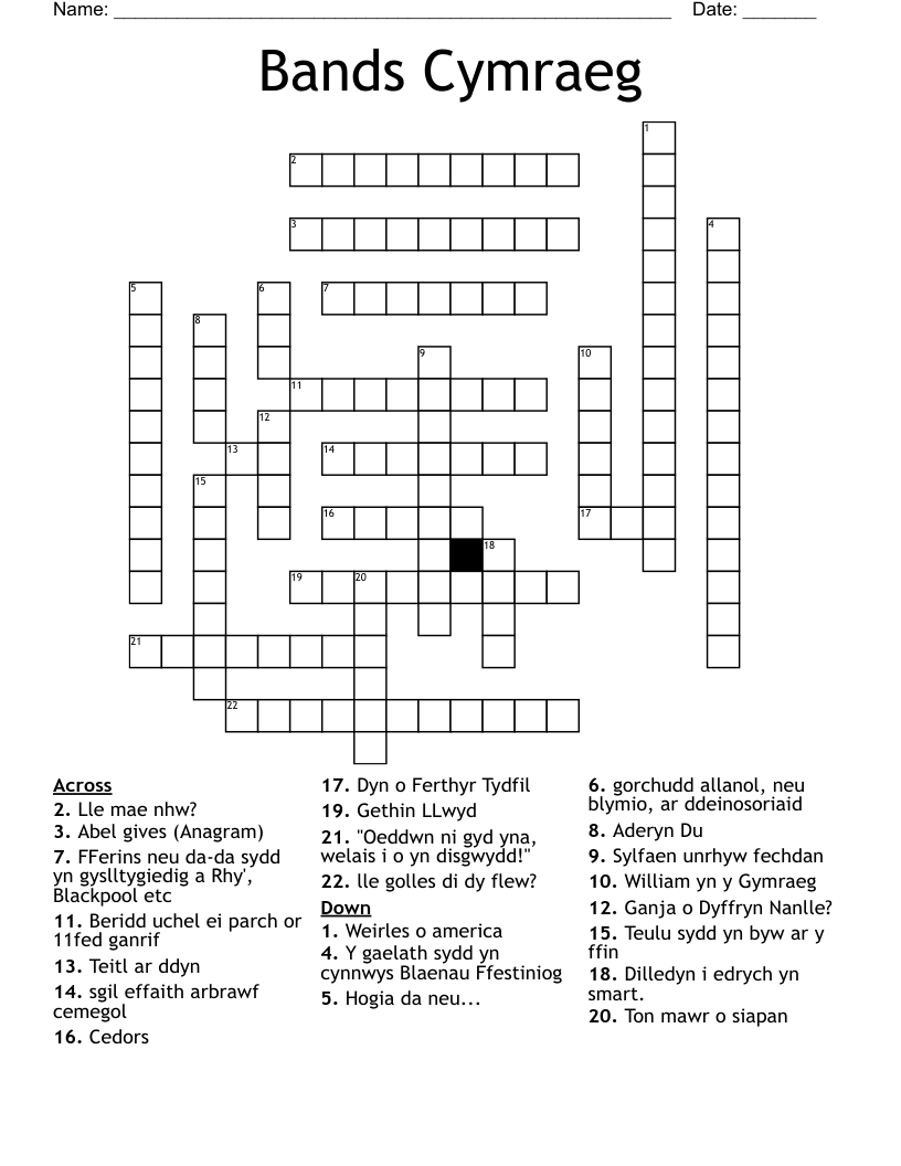 Bands Cymraeg Crossword