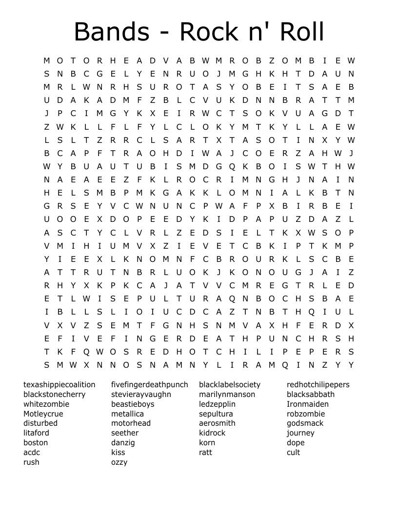 Bands - Rock n' Roll Word Search