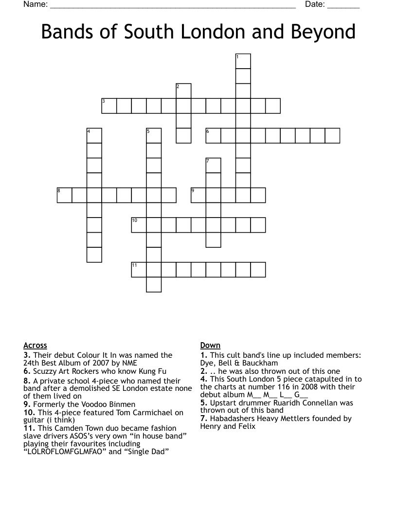 Bands of South London and Beyond Crossword